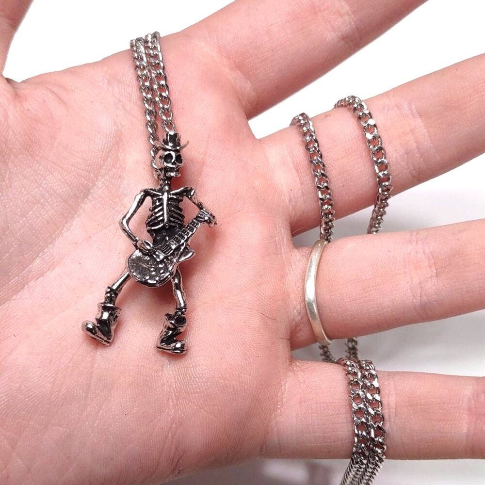 Stainless Necklace Dancing Skeleton Guitar Player Hat Birthday Valentines Gift